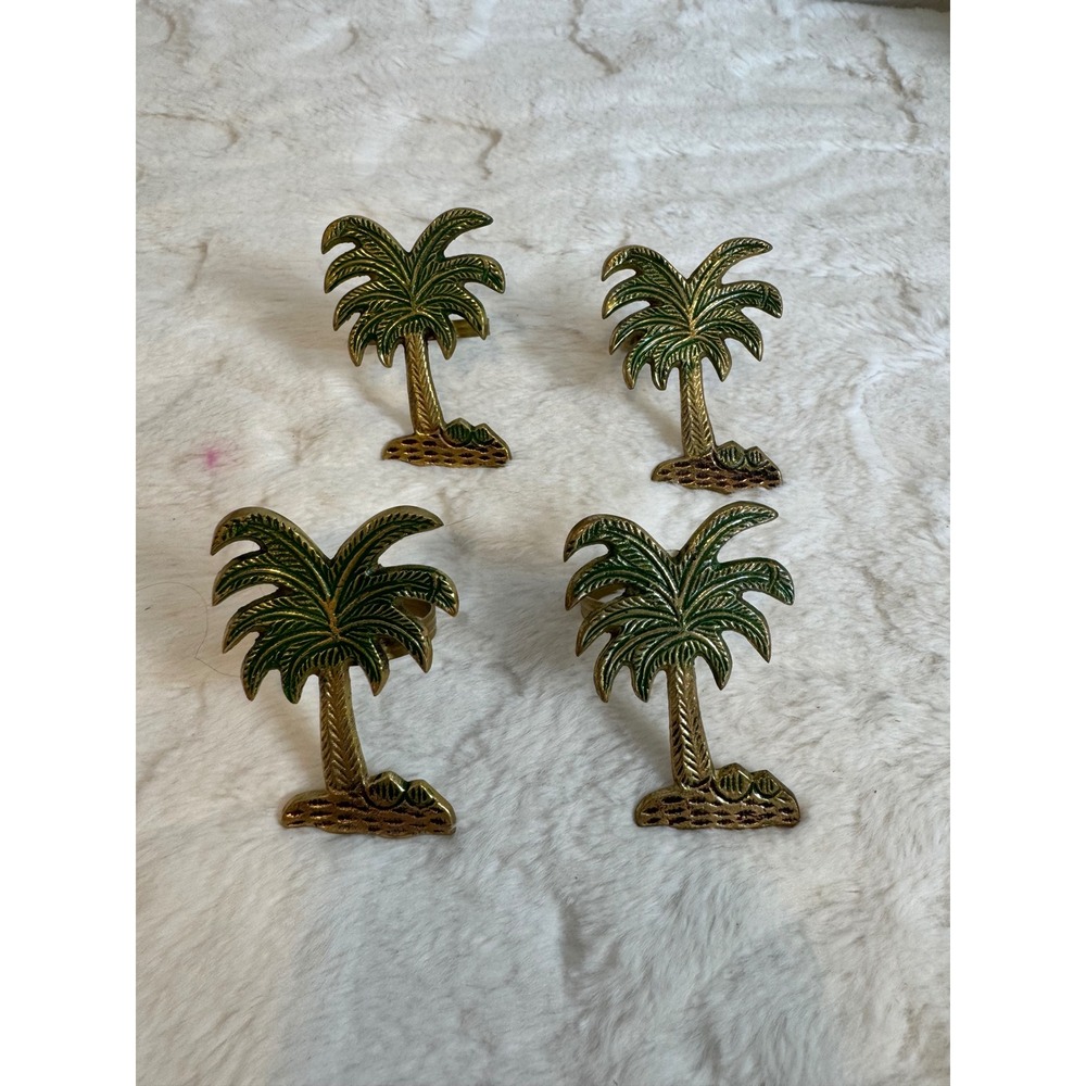 Vintage Brass Palm Tree Napkin Rings Set of 4 Green Enamel Tropical Coastal